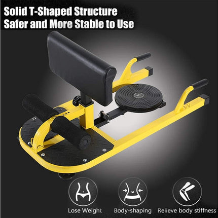 Yellow and black T-shaped fitness machine with text on a dark background