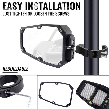 Motorcycle mirror with installation instructions and parts on a white background