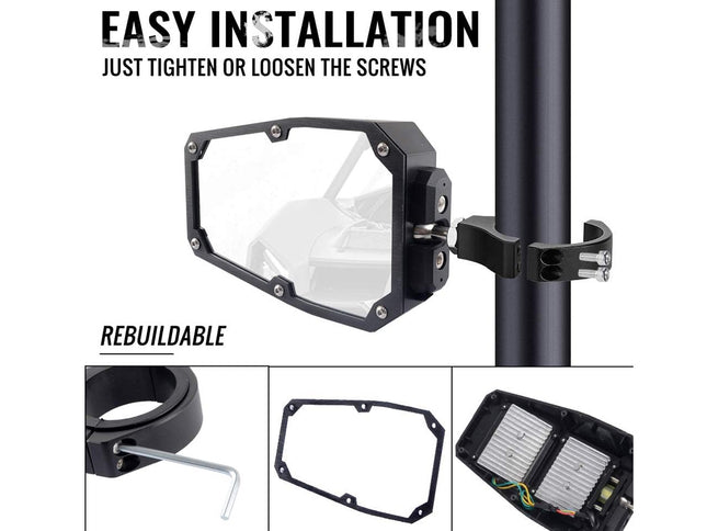 Motorcycle mirror with installation instructions and parts on a white background