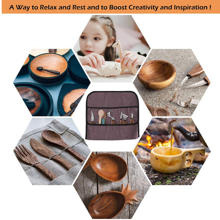 A promotional collage with an orange banner reading 'A Way to Relax and Rest and to Boost Creativity and Inspiration!' above a central hexagon showing a dark brown utensil organizer pouch surrounded by hexagonal lifestyle photos of wooden bowls, utensils, and a child using a small tool.