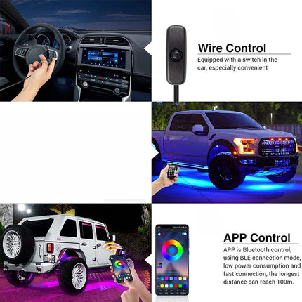 Car interior with dashboard display, car exterior with RGB lights, and smartphone with app control interface.