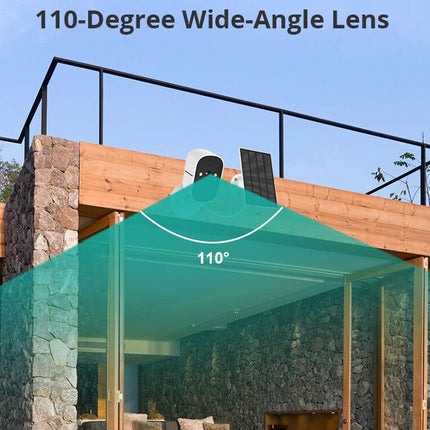 Green outdoor canopy with 110-degree wide-angle lens label, stone wall, and wooden deck in the background.