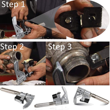 Step-by-step process of using a plumbing tool with close-up details on a white background.