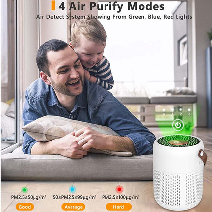 A white cylindrical air purifier with a green illuminated top is shown in a home interior next to a man and child lying on a couch, with text overlays describing 4 air purify modes and PM2.5 quality levels.