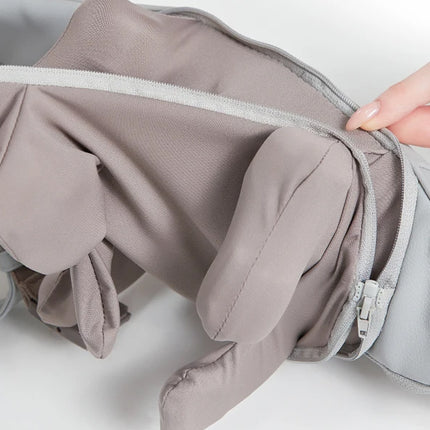 Close-up of a gray baby carrier with a focus on the fabric and straps.