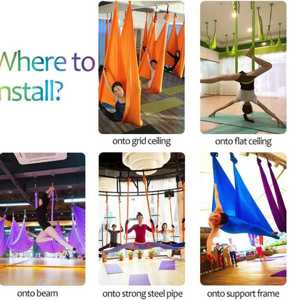 Collage of images showing different installation methods for aerial yoga equipment.
