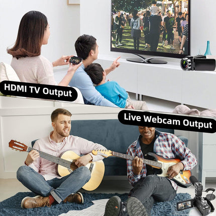 Family using a TV with HDMI and live webcam outputs, playing instruments.