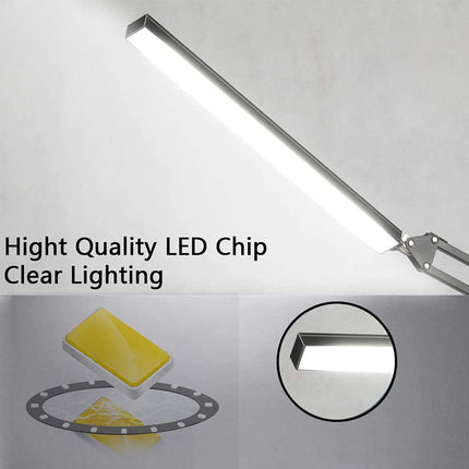LED light fixture with text highlighting high-quality LED chip and clear lighting on a gray background.