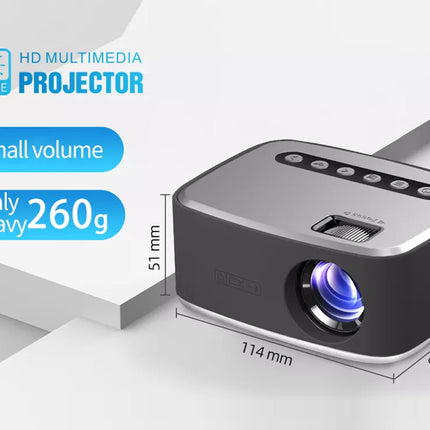 LED multimedia projector with dimensions and weight displayed on a white background