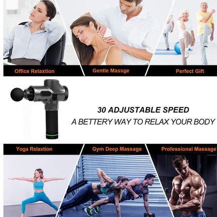 A promotional collage for a handheld massage gun. The center shows the black and gray massage gun with a green accent band.