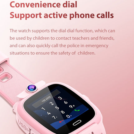 Pink children's smartwatch with a textured strap and a digital display showing the phone keypad interface, set against a soft pink background with promotional text about the dial function.