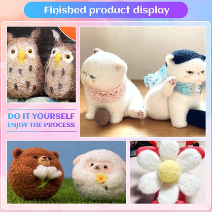 A promotional collage showing several handmade plush animal figures and a flower-shaped item under the heading 'Finished product display.' The panels include two brown-and-white owls, two white cat-like figures with scarves, two round plush bears/animals, and a white daisy-like flower with a yellow center.