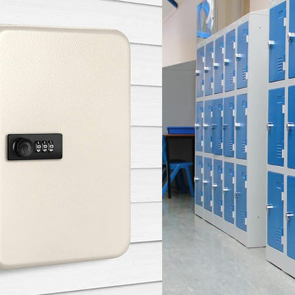 Beige storage locker with digital keypad on a white background, next to blue lockers in a room.