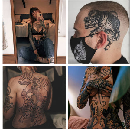 Collage of tattoos on various parts of the body including a tiger design on a person's head and back.