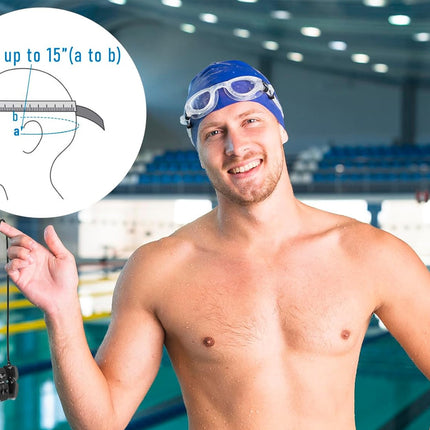 Man wearing a swim cap and goggles with a measurement chart in an indoor pool setting