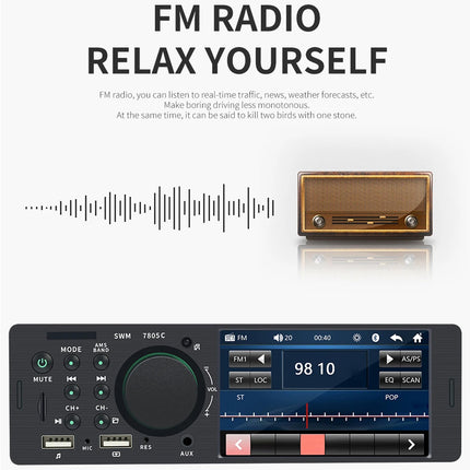 An FM radio dashboard console with a digital display screen and a brown wooden radio unit shown above it, under the text 'FM RADIO RELAX YOURSELF' on a white background.