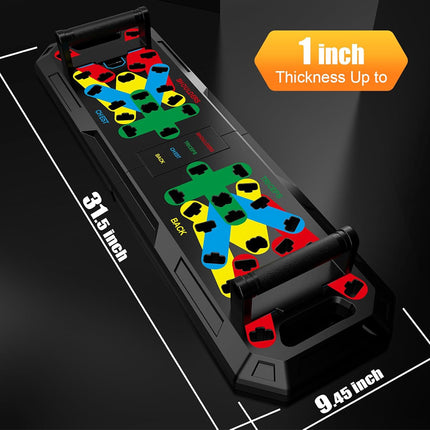 Colorful puzzle on a black platform with measurements indicated