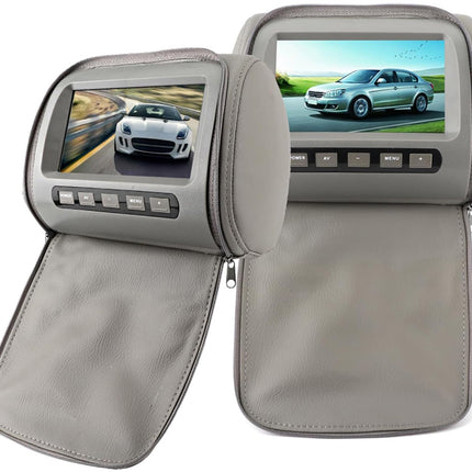 Two gray car seat backrest monitor headrests shown on a white background, one closed and one open, both with built-in screens displaying a car image and control buttons below the screens.