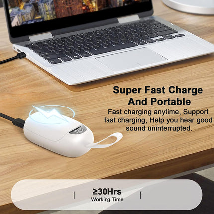 White charging cable with a USB device on a wooden desk, with text about fast charging and portable design.