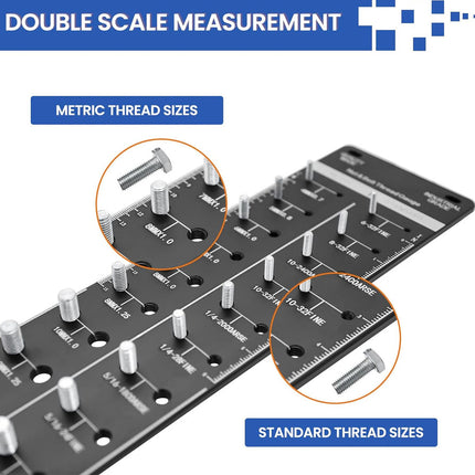 Metric and standard thread size measurement tool with close-up details on a white background