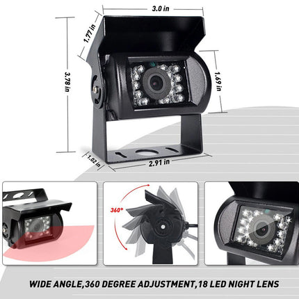 Car backup camera with dimensions and features on a white background