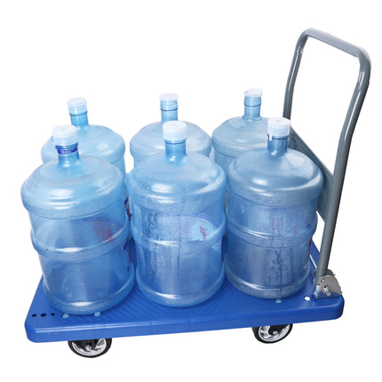 Blue cart with six large water jugs on a white background