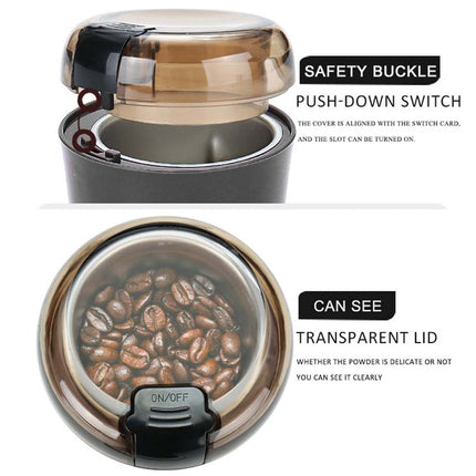 Coffee grinder with transparent lid showing coffee beans, safety buckle, and push-down switch on a white background.