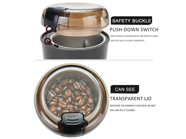 Coffee grinder with transparent lid showing coffee beans, safety buckle, and push-down switch on a white background.