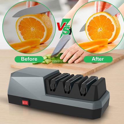A kitchen knife sharpener shown on a countertop, with a before-and-after comparison above showing hands slicing an orange and cucumber using sharpened knives. The product is a gray and black electric knife sharpener with a red power switch.
