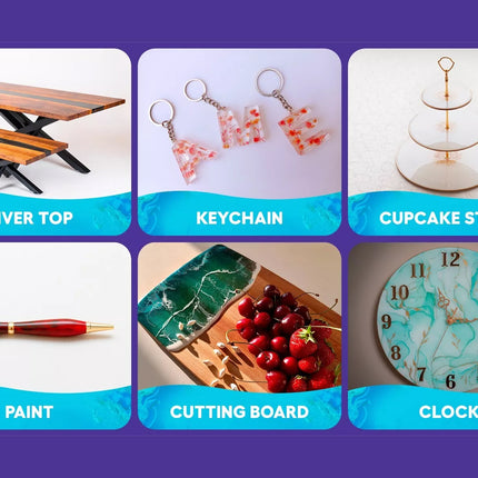 Collage of various products including a river top, keychain, cupcake stand, paint, cutting board, and clock on a purple background.