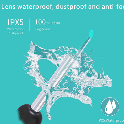 Product with water splashes and text indicating waterproof, dustproof, and anti-fog features on a teal background.