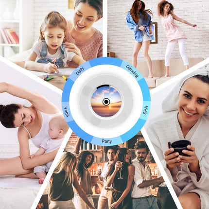 Collage of people in various activities with a central circular design element.
