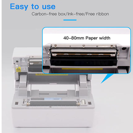 Printer with a focus on paper width compatibility, featuring text about carbon-free box, ink-free, and free ribbon.