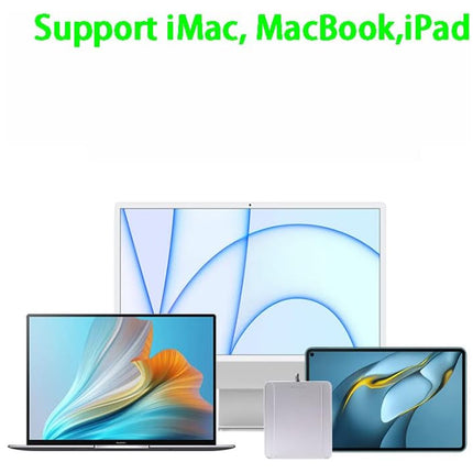 Three Apple devices (iMac, MacBook, iPad) with a white background and text indicating support for these products.