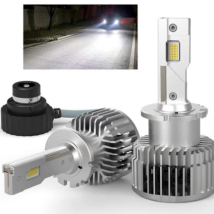 Car headlight bulb replacements with inset showing street light illumination.