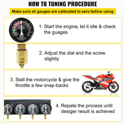 A step-by-step how-to graphic titled 'HOW TO TUNING PROCEDURE' with four numbered panels showing motorcycle gauges and a red sport motorcycle. Text advises calibrating gauges to zero before use, adjusting the dial and screw, stalling the motorcycle, and repeating the process.