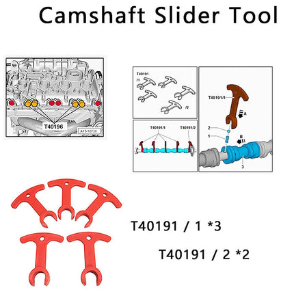 Camshaft slider tool set with five red T40191 wrenches shown on a white background, alongside black-and-white instruction diagrams explaining how to use the tools.