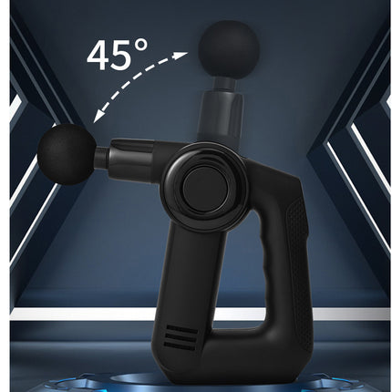 Black handheld massage gun with two round massage heads, shown against a dark blue geometric background with a '45°' angle indicator graphic.