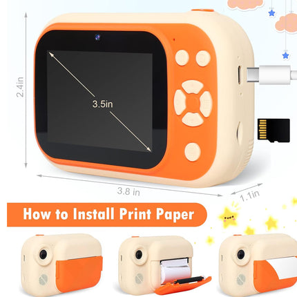 An orange and cream portable photo printer shown on a white background with dimension labels, a USB cable, an SD card, and a 'How to Install Print Paper' section with three small usage steps below.