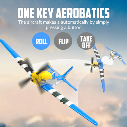 Toy airplane with propellers in flight against a cloudy sky, featuring text on aerobatics and button control.