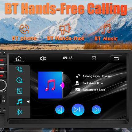 A car stereo head unit display screen showing a blue and black music player interface, with a large scenic mountain background and orange text reading 'BT Hands-Free Calling' plus icons for BT phone, BT Hands-free, and BT Music.