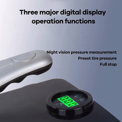 Digital tire pressure monitor with text on display functions against a gradient background