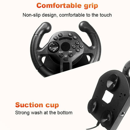 Black racing wheel controller shown on a light beige background with descriptive text highlighting a comfortable grip and suction cup.