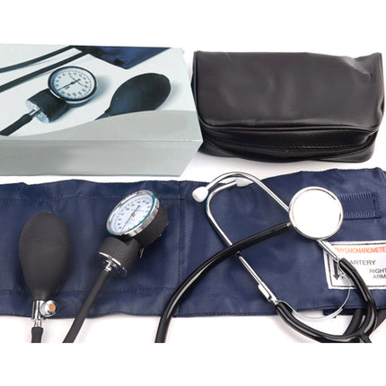 Blood pressure monitor with stethoscope and case on a white background