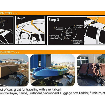 Step-by-step guide for installing a car-top carrier with installation steps and effects displayed.