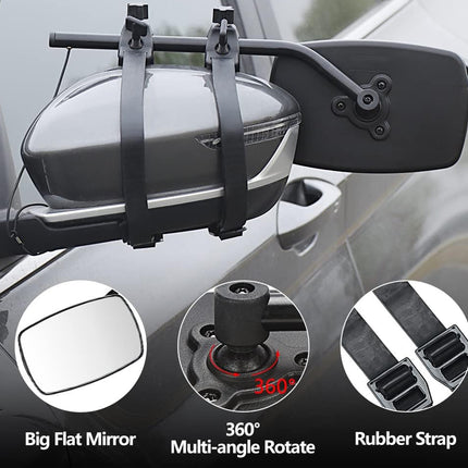Black car side mirror bracket kit with rubber straps, shown mounted over a vehicle side mirror with three circular feature callouts reading Big Flat Mirror, 360° Multi-angle Rotate, and Rubber Strap.