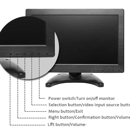 Black computer monitor with labeled buttons on a white background