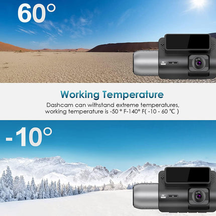 Dashcam with temperature resistance feature displayed against desert and snowy landscape backgrounds.