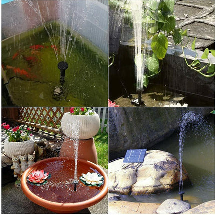Collage of various backyard water features including fountains and ponds.