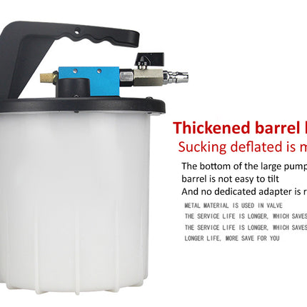A white cylindrical pump barrel with a black top handle and metal fitting, shown on a white background with red and black text describing product features.